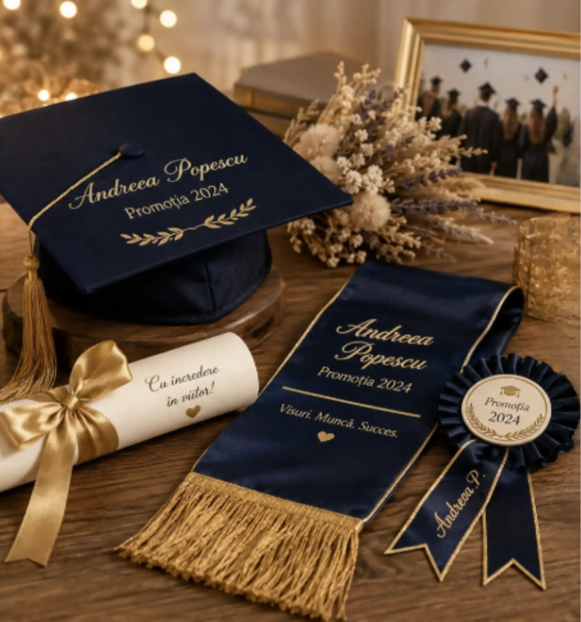 Accesorii personalizate pentru absolvenți — toci, eșarfe și cocarde