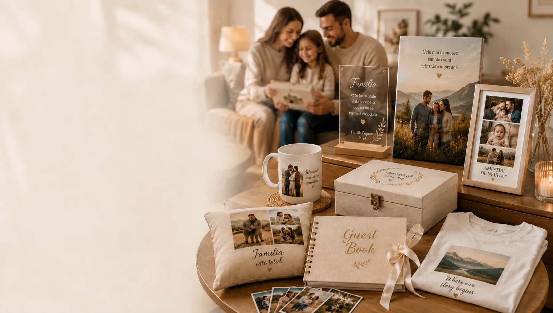 Cadouri personalizate pentru familie: cană, pernă, guest book, plachetă și rame foto cu fotografii