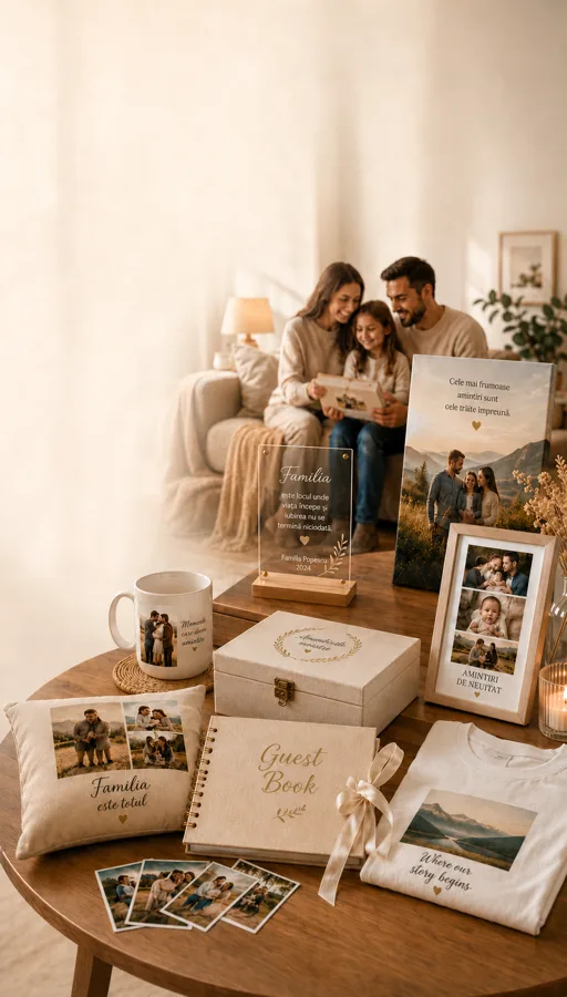 Cadouri personalizate pentru familie: cană, pernă, guest book, plachetă și rame foto cu fotografii