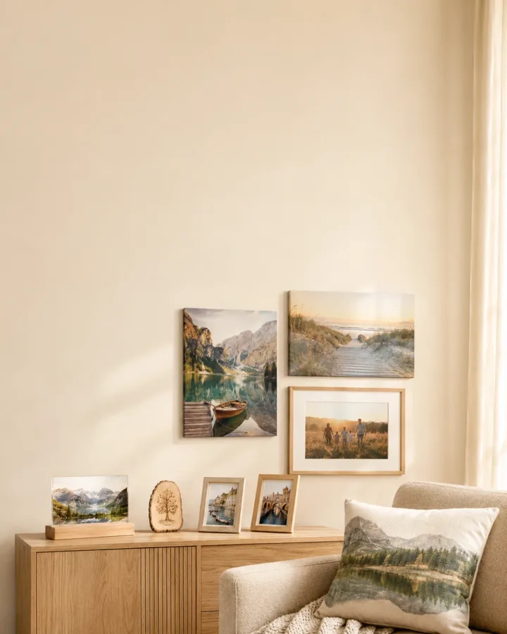 Tablouri canvas, rame foto și decorațiuni personalizate într-un living amenajat în tonuri calde