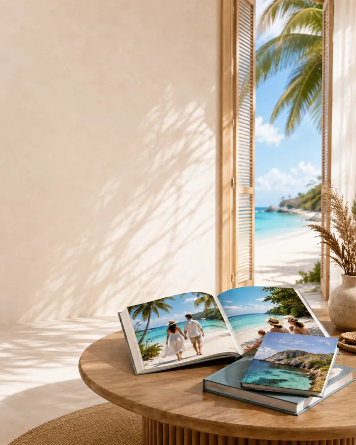 Fotocarte personalizată din vacanță, deschisă pe o masă lângă o fereastră cu vedere la mare
