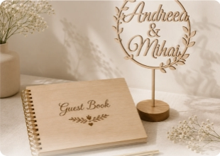 Produse personalizate pentru evenimente cu guest book, topper, meniuri și cutii de bani
