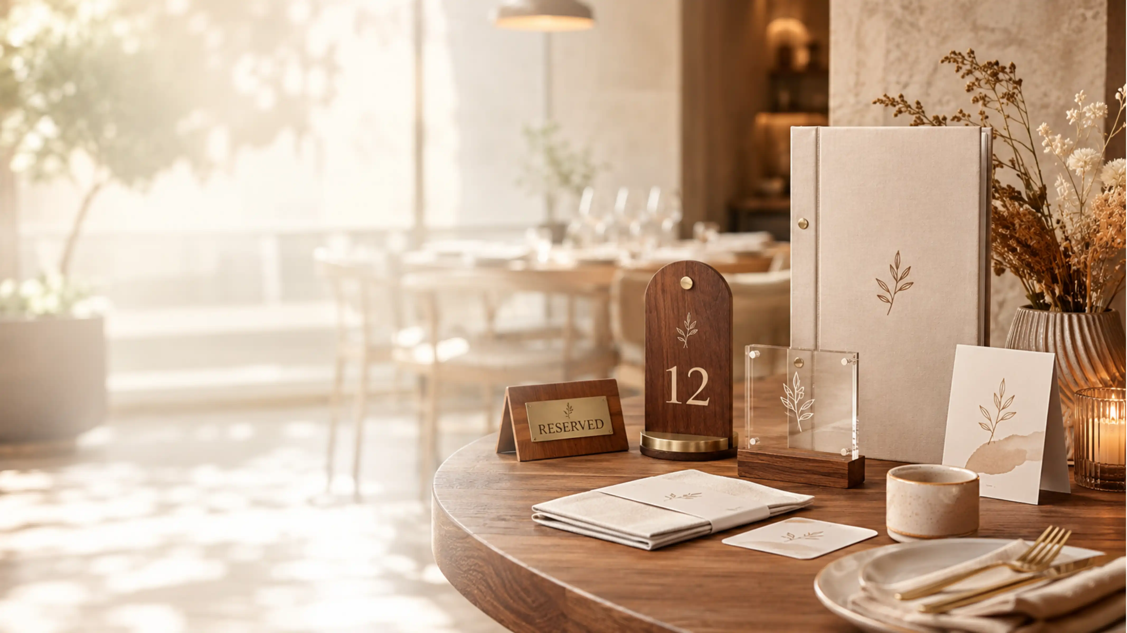 Produse personalizate HoReCa pe o masă de restaurant — meniu, număr de masă, suport Rezervat